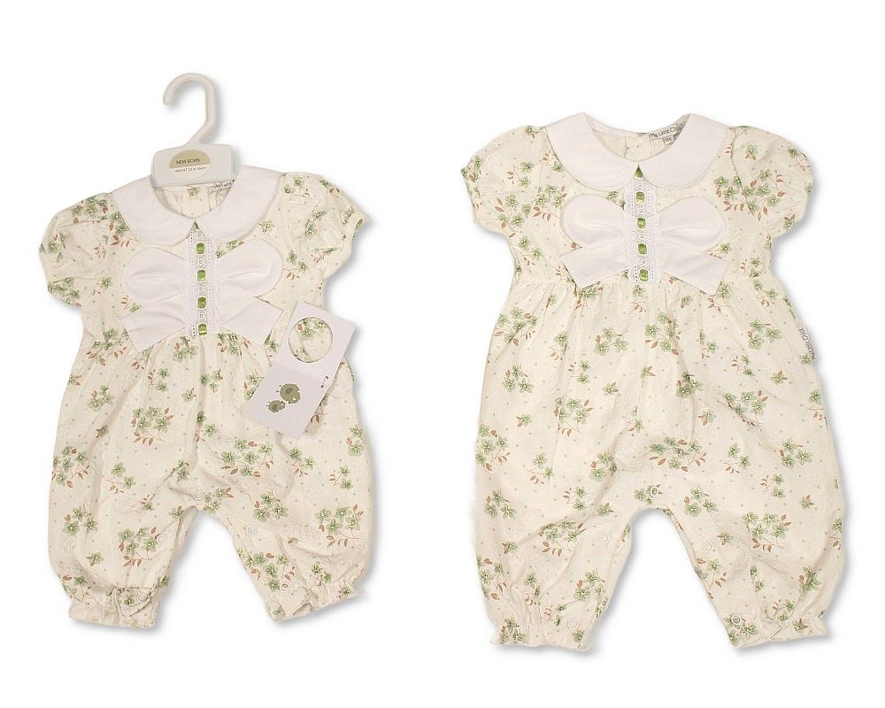 Baby Girls Long Romper with Floral Print, Lace and Bow (NB-9m) (PK6) - BIS-2120-6419