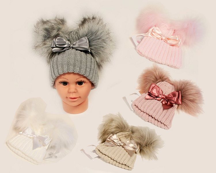 Baby Hat with Double Pom-Pom and Bow - 5 Colours  (XL) (PK6) BW-0503-0625-XL