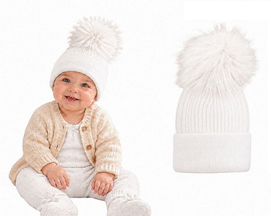 Baby Pom-Pom Hat with Smooth Brim - White (Sml-XL) (PK6) BW-0503-0655W
