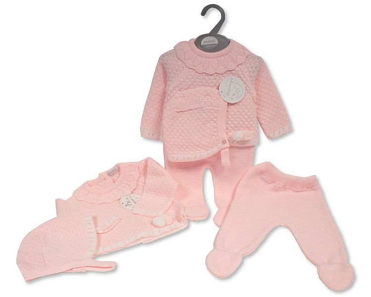 Knitted Baby Girls 3 pcs Pram Set with Pompoms (PK6) BW-10-1221