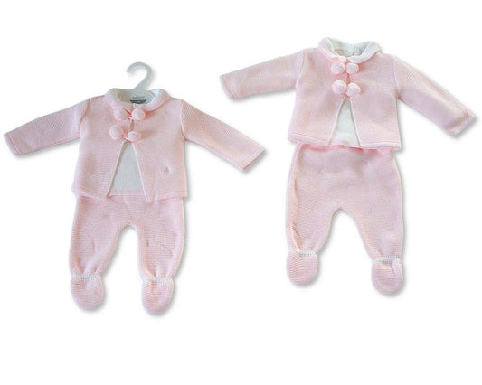 Knitted Baby Girls 3 pcs Set with Pompoms (NB-9m) (PK6) - BW-10-1240