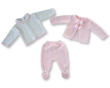 Knitted Baby Girls 3 pcs Set with Pompoms (NB-9m) (PK6) - BW-10-1240