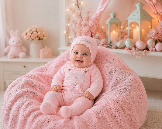 Knitted Baby Girls 3 pcs Dungaree Set with Bow (NB-9m) (PK6) - BW-10-1243