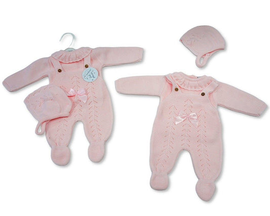 Knitted Baby Girls 3 pcs Dungaree Set with Bow (NB-9m) (PK6) - BW-10-1243