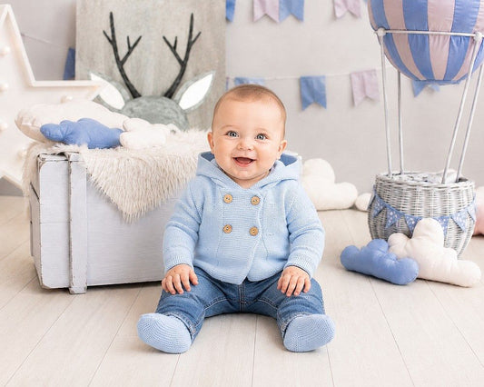 Knitted Baby Boys Pram Coat with Hood (NB-9m) (PK6) - BW-10-1248s