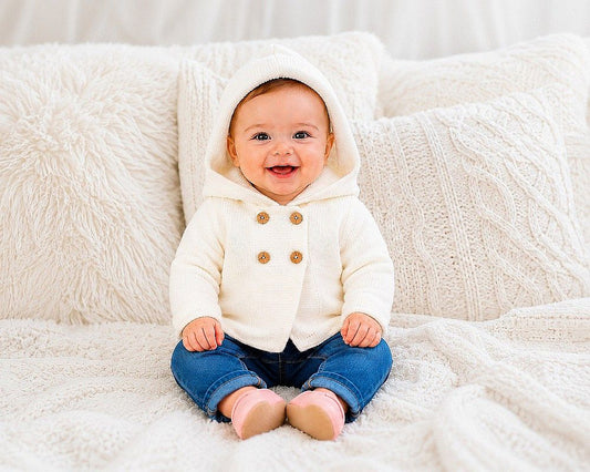 Knitted Baby Pram Coat with Hood (NB-9m) (PK6) - BW-10-1248w
