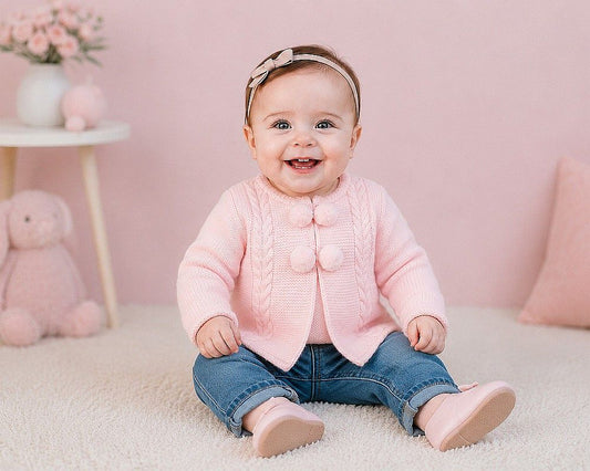 Knitted Baby Girls Pram Coat with Pompoms (NB-9m) (PK6) - BW-10-1249p
