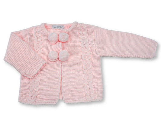 Knitted Baby Girls Pram Coat with Pompoms (NB-9m) (PK6) - BW-10-1249p