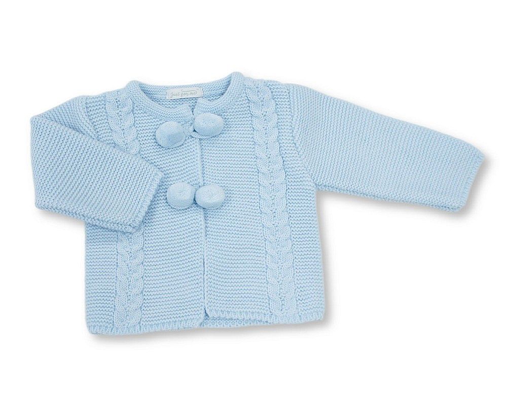 Knitted Baby Boys Pram Coat with Pompoms (NB-9m) (PK6) - BW-10-1249s