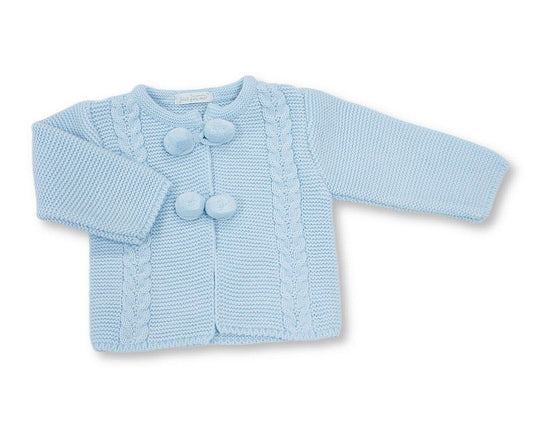 Knitted Baby Boys Pram Coat with Pompoms (NB-9m) (PK6) - BW-10-1249s
