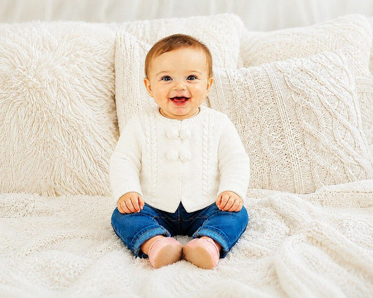Knitted Baby Pram Coat with Pompoms (NB-9m) (PK6) - BW-10-1249w