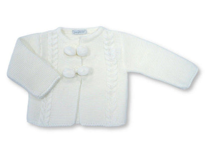 Knitted Baby Pram Coat with Pompoms (NB-9m) (PK6) - BW-10-1249w