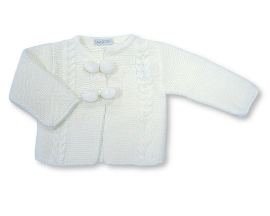 Knitted Baby Pram Coat with Pompoms (NB-9m) (PK6) - BW-10-1249w