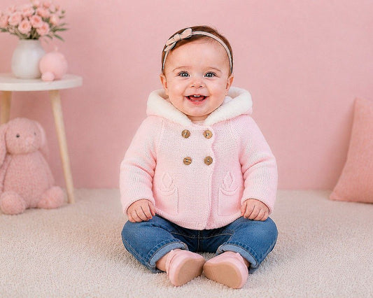Knitted Baby Girls Pram Coat with Fur Hood (NB-9m) (PK6) - BW-10-1254p