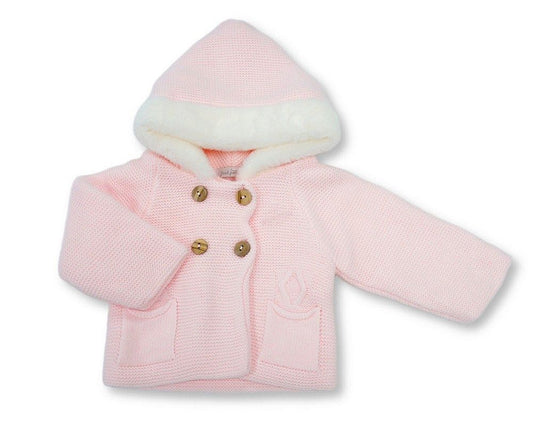 Knitted Baby Girls Pram Coat with Fur Hood (NB-9m) (PK6) - BW-10-1254p