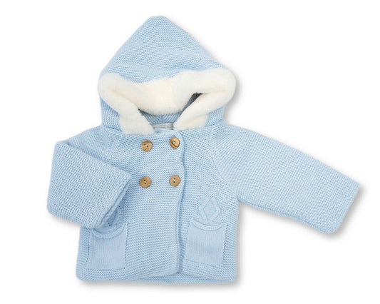 Knitted Baby Boys Pram Coat with Fur Hood (NB-9m) (PK6) - BW-10-1254s
