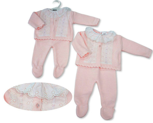 Knitted Baby Girls 3 pcs Set with Lace Front and Collar (NB-9m) (PK6) - BW-10-1262