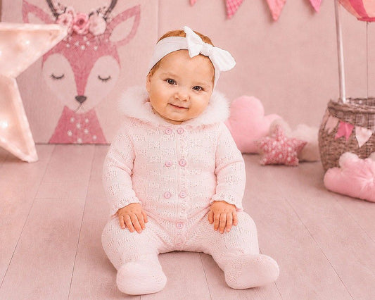 Knitted Baby Girls All-In-One with Fur Hood (NB-9m) (PK6) - BW-10-1265
