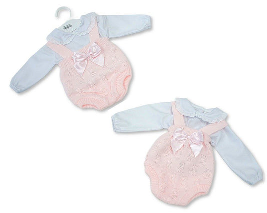 Knitted Baby Girls 2 pcs Short Dungaree Set with Bow (NB-9m) (PK6) - BW-10-1266