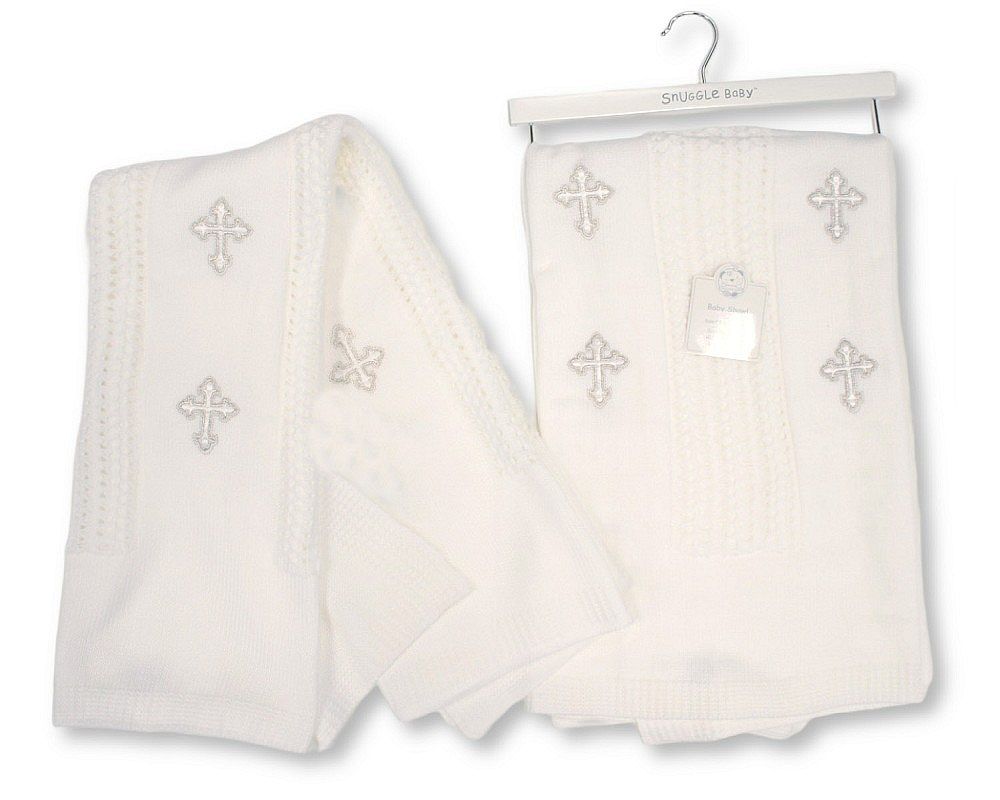 Baby Christening Shawl with Embroidery on Hanger - Cross (84x100cm) (PK1) BW-110-426