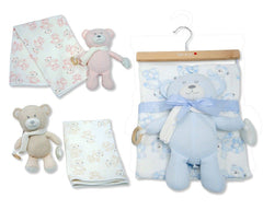 Baby Muslin Blanket and Large Bear Toy Set on Hanger (100x75cm) (PK6) BW-112-3004