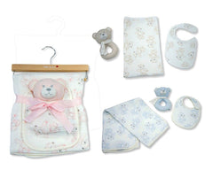 Baby Muslin Blanket with Bib and Bear Rattle on Hanger (100x75cm) (PK6) BW-112-3005
