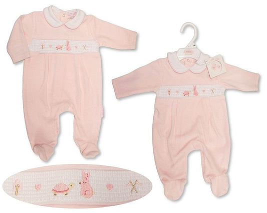 Baby Girls Velour All in One with Smocking - Rabbit and Tortoise (NB-6m) (PK6) BW-13-407