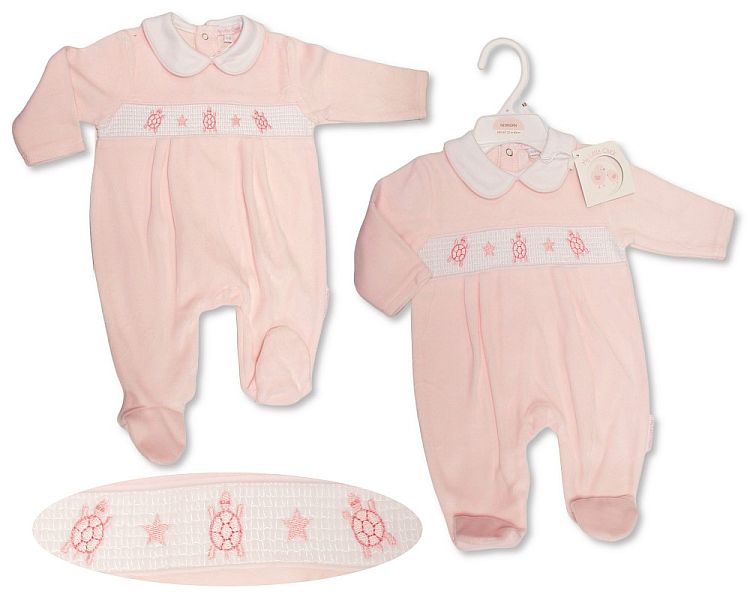Baby Girls Velour All in One with Smocking - Tortoise (NB-6m) (PK6) BW-13-408