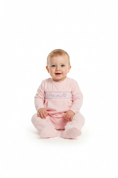 Baby Girls Velour All in One with Smocking - Princess (NB-6m) (PK6) BW-13-409