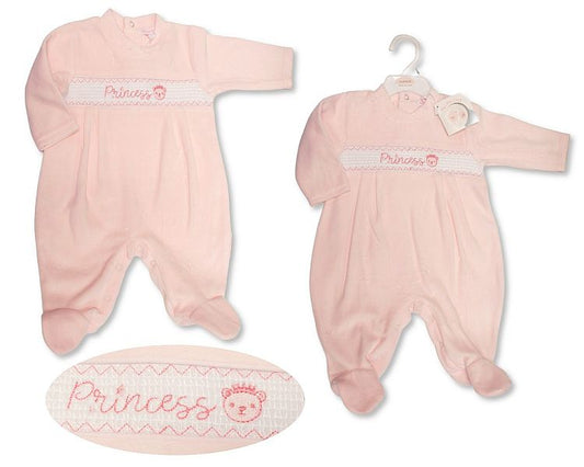 Baby Girls Velour All in One with Smocking - Princess (NB-6m) (PK6) BW-13-409