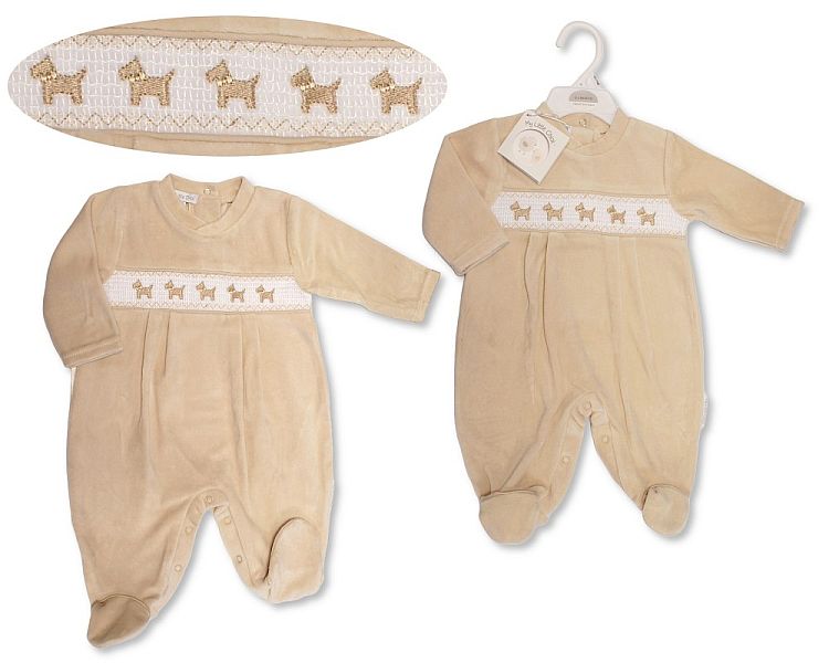 Baby Velour All in One with Smocking - Puppy (NB-6m) (PK6) BW-13-415