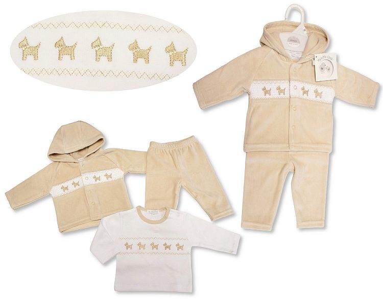 Baby Velour 3 pcs Set with Smocking - Puppy (NB-6m) (PK6) BW-13-416