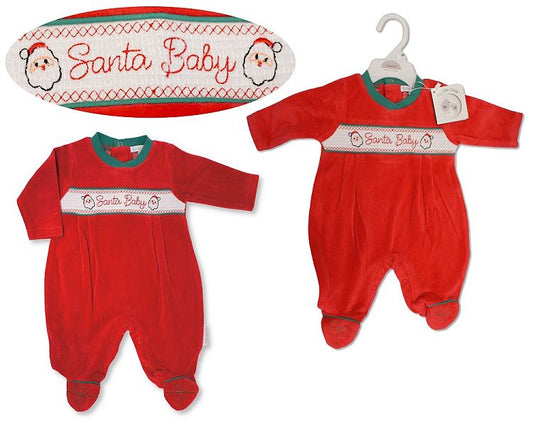 Baby Christmas Velour All in One with Smocking - Santa Baby (NB-6m) (PK6) BW-13-418