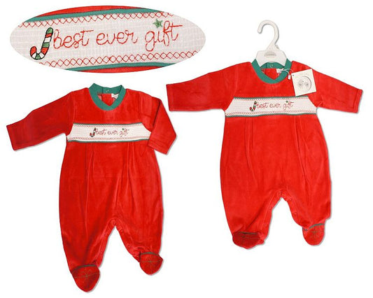 Baby Christmas Velour All in One with Smocking - Best Ever Gift (NB-6m) (PK6) BW-13-419