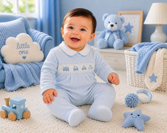 Baby Boys Velour All in One with Smocking - Transport (NB-6m) (PK6) - BW-13-429