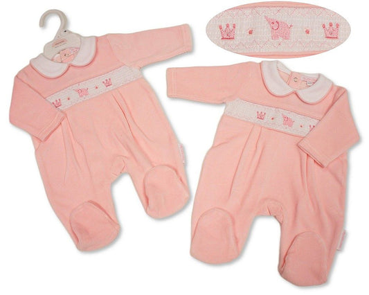 Baby Girls Velour All in One with Smocking - Elephant (NB-6m) (PK6) - BW-13-432