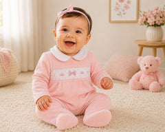 Baby Girls Velour All in One with Smocking - Bow (NB-6m) (PK6) - BW-13-435