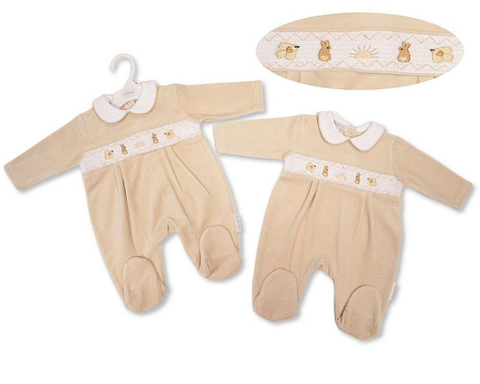 Baby Velour All in One with Smocking - Rabbit (NB-6m) (PK6) - BW-13-441
