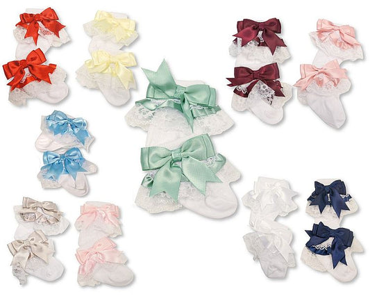 Baby Socks with Lace and Bow - 10 Colours (0-18M) (PK6)  BW 61-2220