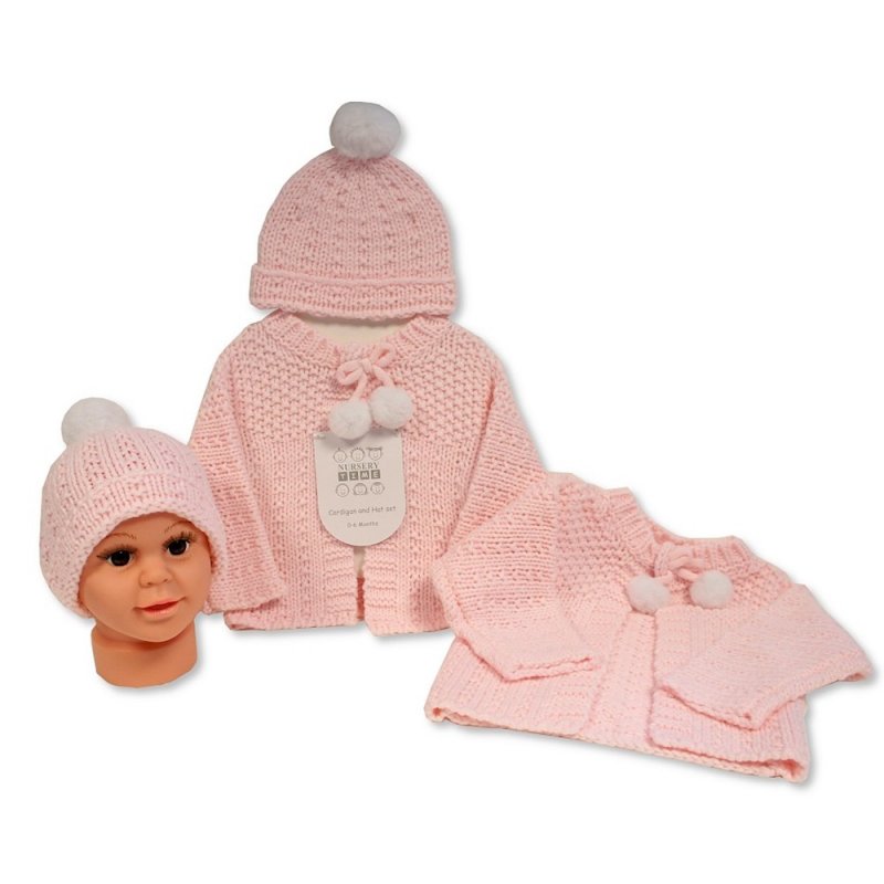 BABY KNITTED CHUNKY CARDIGAN & HAT SET- PINK (0-6 MONTHS) (6-12 Months) (PK4) GP-25-1220P