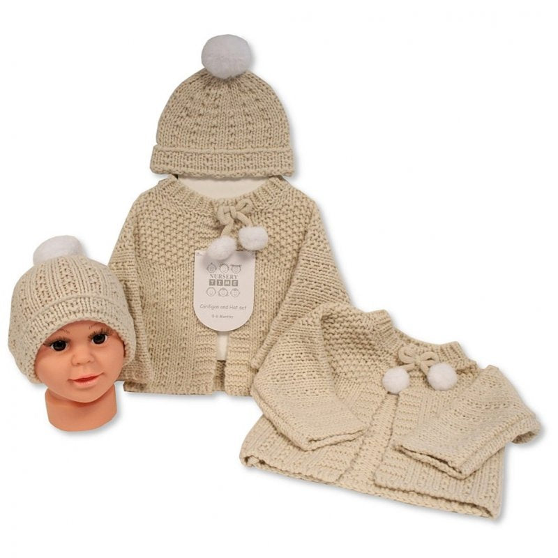 BABY KNITTED CHUNKY CARDIGAN & HAT SET- TAUPE (0-6 MONTHS) (6-12 Months) (PK4) GP-25-1220T