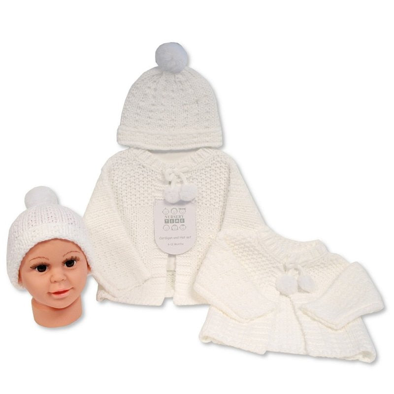 BABY KNITTED CHUNKY CARDIGAN & HAT SET- WHITE (0-6 MONTHS) (6-12 Months) (PK4) GP-25-1220W