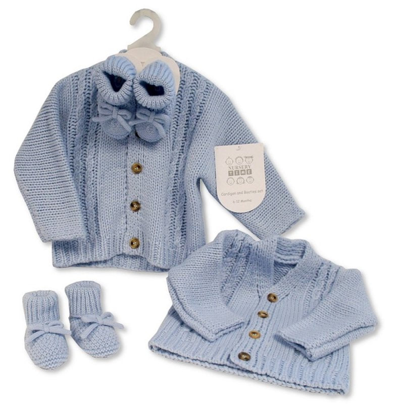 BABY KNITTED CHUNKY CARDIGAN & BOOTIES SET- SKY (0-6 MONTHS) (6-12 Months) (PK4) GP-25-1221S