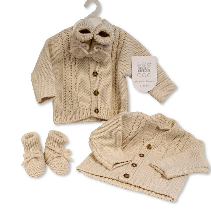 BABY KNITTED CHUNKY CARDIGAN & BOOTIES SET- TAUPE (0-6 MONTHS) (6-12 Months) (PK4) GP-25-1221T