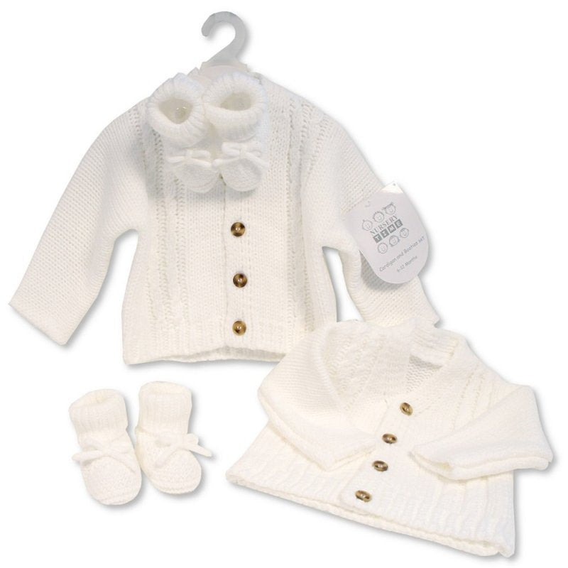 BABY KNITTED CHUNKY CARDIGAN & BOOTIES SET- WHITE (0-6 MONTHS) (6-12 Months) (PK4) GP-25-1221W