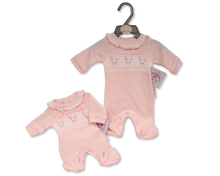 Premature Baby Girls All in One with Smocking and Bows - Bunny (PK6) (3-8lbs) PB-20-593B
