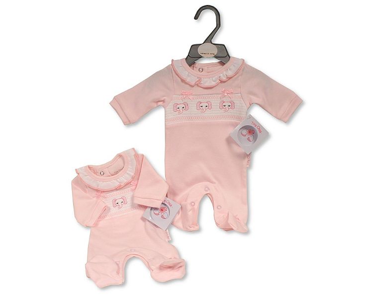 Premature Baby Girls All in One with Smocking and Bows - Elephant (PK6) (3-8lbs) PB-20-593E