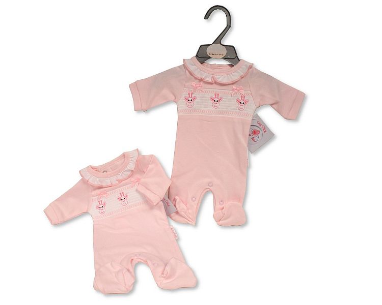 Premature Baby Girls All in One with Smocking and Bows - Giraffe (PK6) (3-8lbs) PB-20-593G