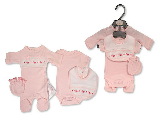 Premature Baby Girls 4 pcs Set with Smocking and Bows - Ducks (PK6) (3-8lbs) PB-20-595P