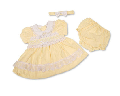 Premature Baby Dress Lemon with Smocking, Lace and Bow (3-8 LBS) (PK6) PB-20-716